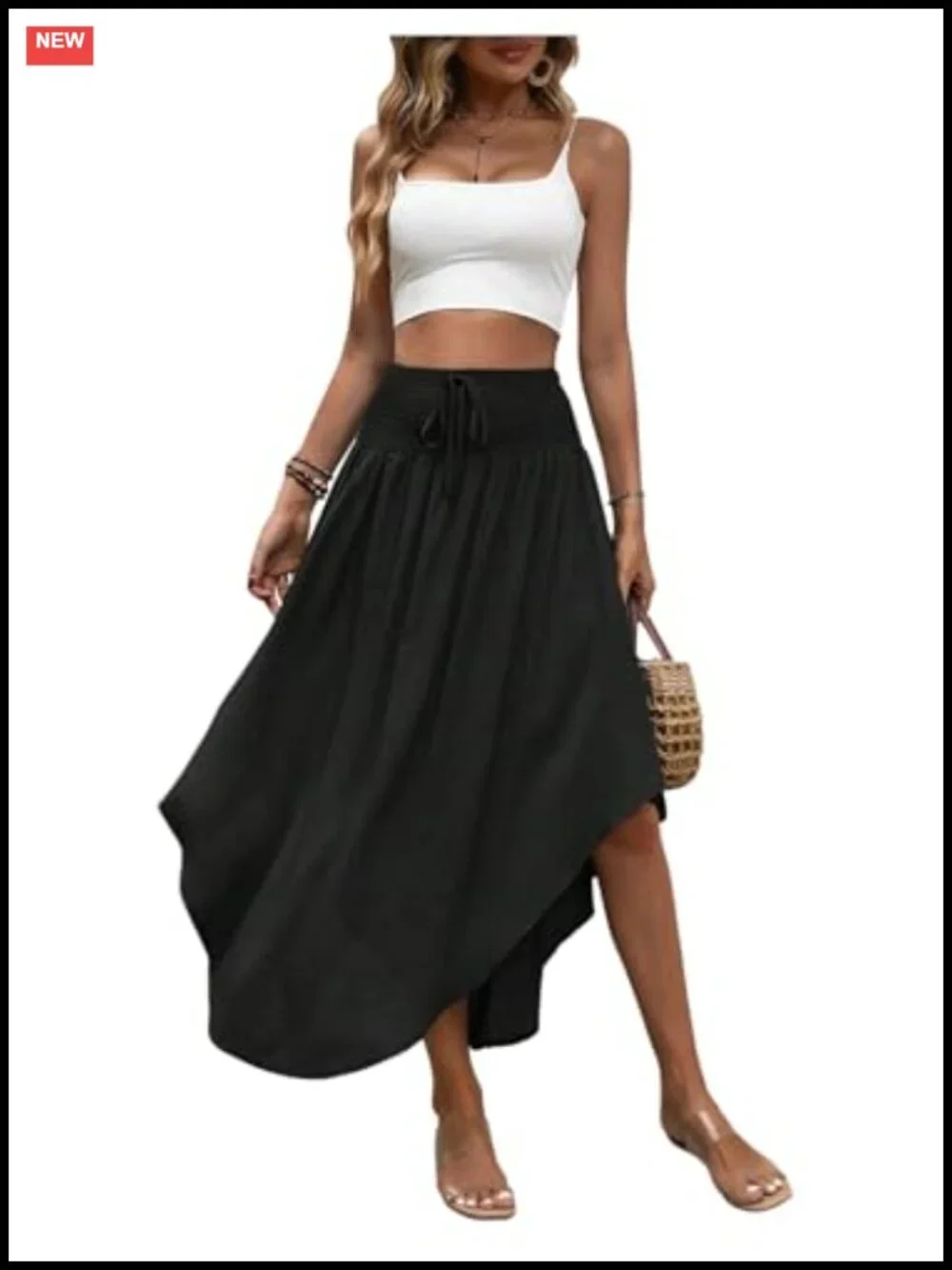 Asymmetrical Shirred Waist Maxi Skirt Long Flowy Beach Vacation